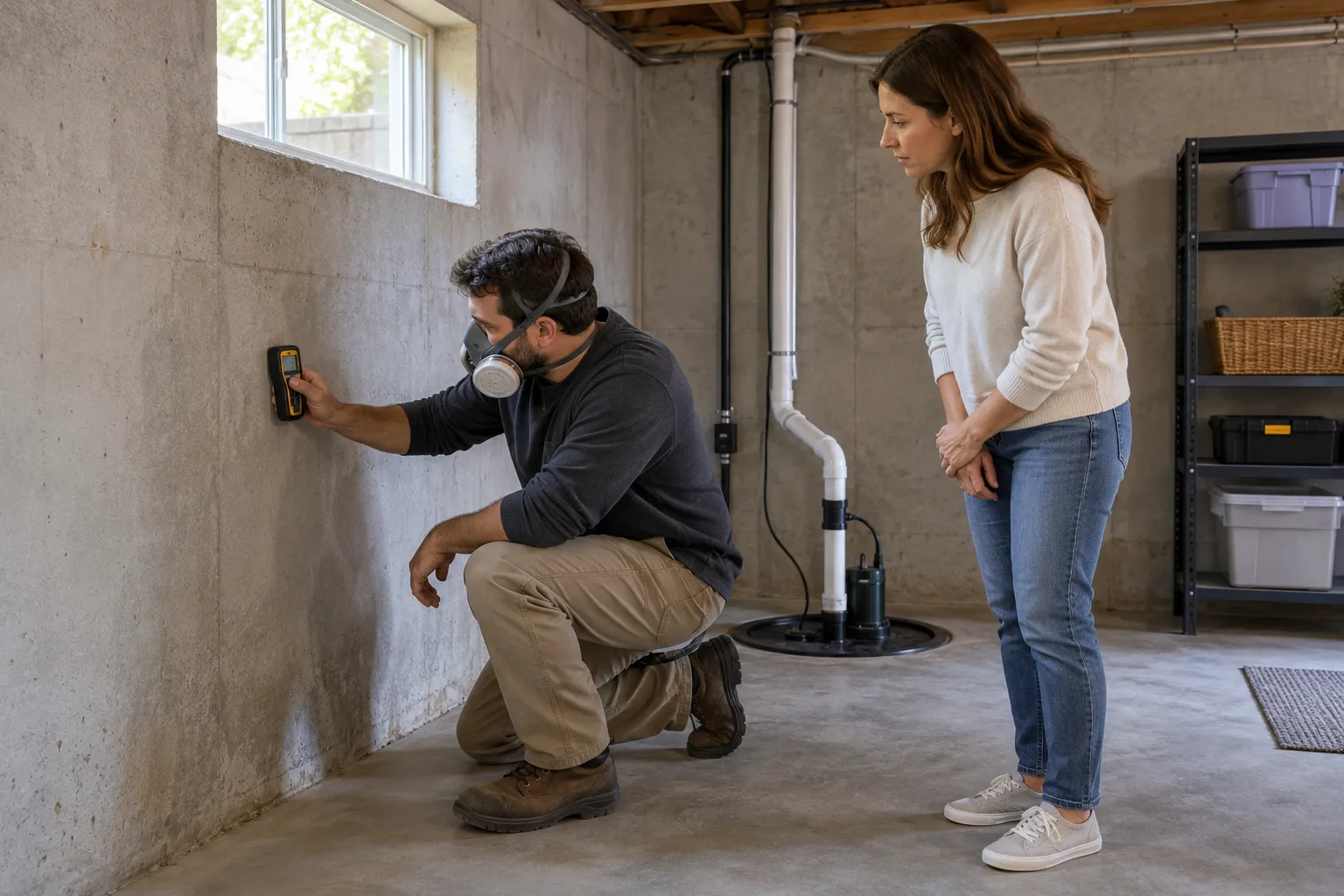 A bright basement being checked for mold in a Huntley home